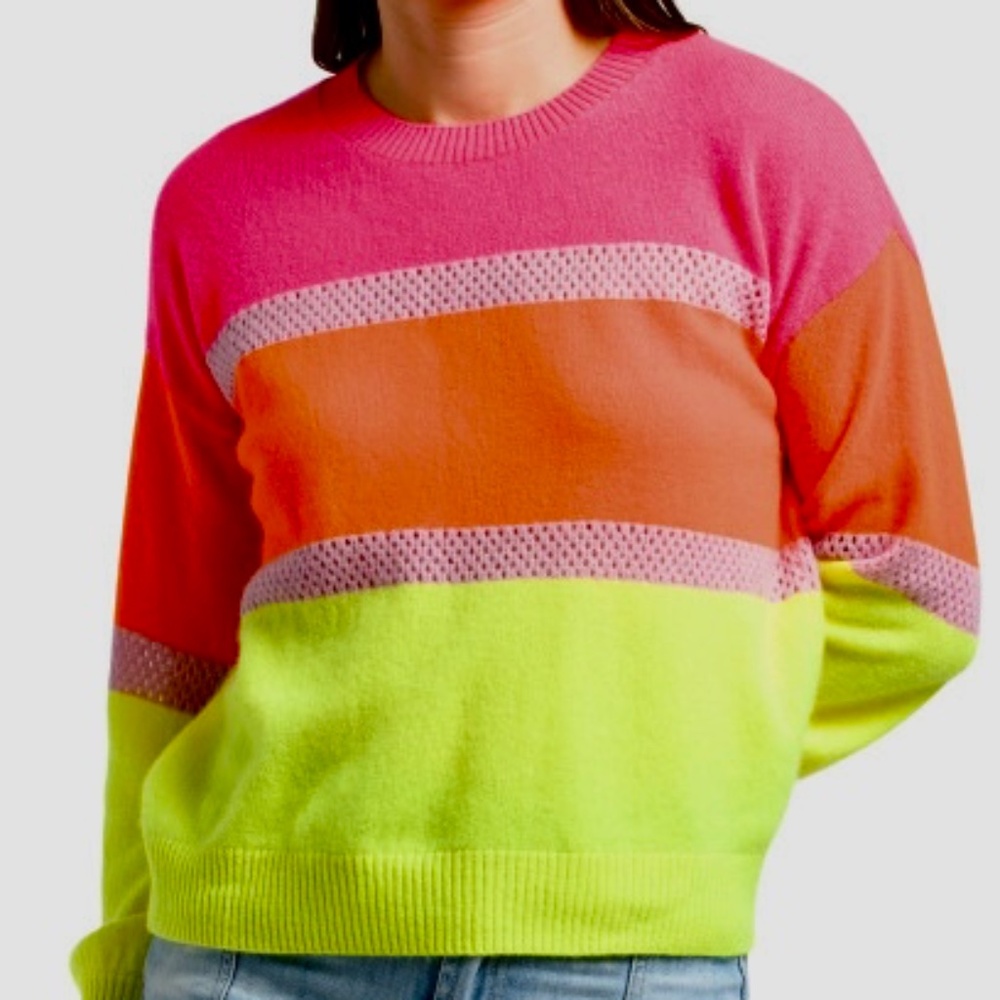 Brodie 100% Cashmere Neon Pink Orange Yellow Striped Balloon Sleeve Sweater